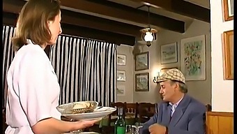 French Brunette Enjoys Threesome In Restaurant With Voyeuristic Papi